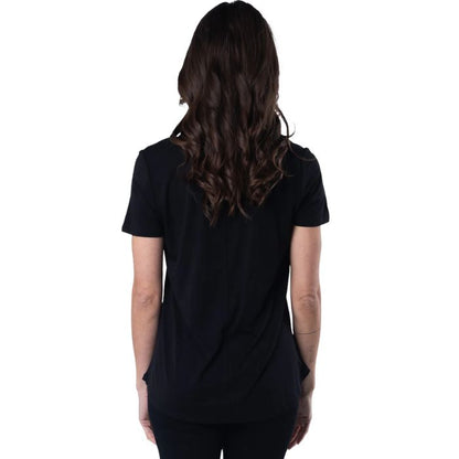 female model wearing black rylie v-neck tee back view on white background