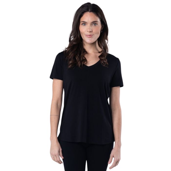 female model wearing black rylie v-neck tee front view on white background