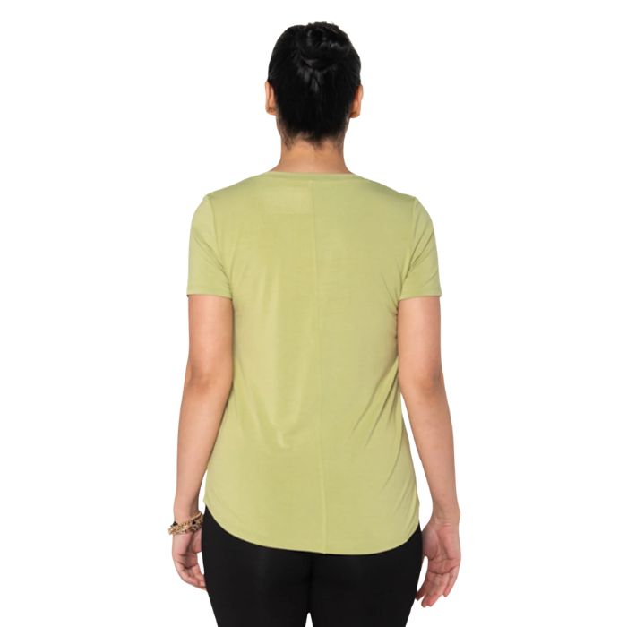 female model wearing citron green rylie v-neck tee back view on white background