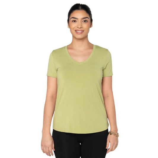 female model wearing citron green rylie v-neck tee front view on white background