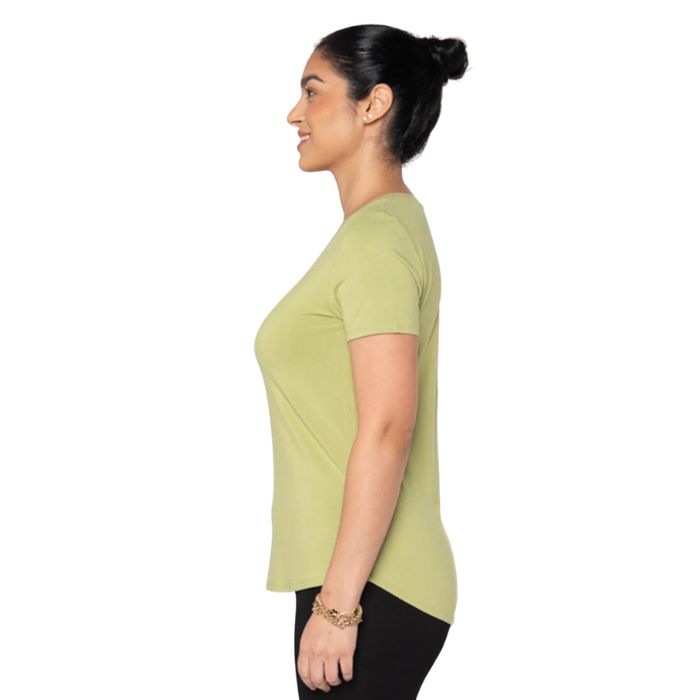 female model wearing citron green rylie v-neck tee side view on white background