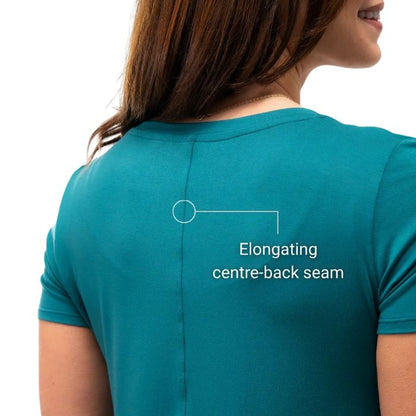 female model wearing coastal teal green rylie v-neck tee close-up back view on white bacground