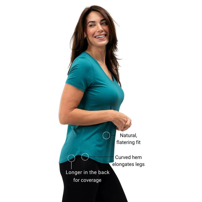 female model wearing coastal teal green rylie v-neck tee side view on white bacground