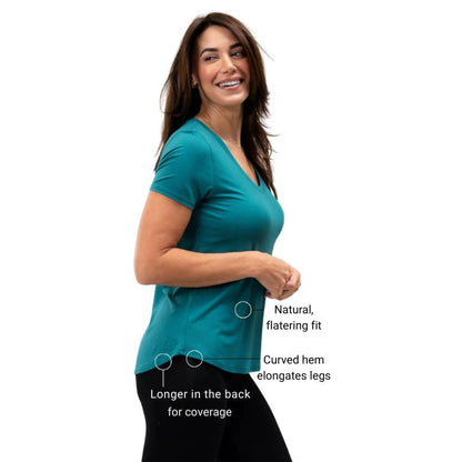 female model wearing coastal teal green rylie v-neck tee side view on white bacground
