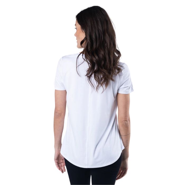 female model wearing white rylie v-neck tee back view on white background