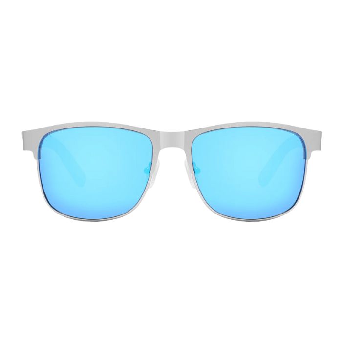 san diego sunglasses grey frames and blue mirror lenses front view on white background