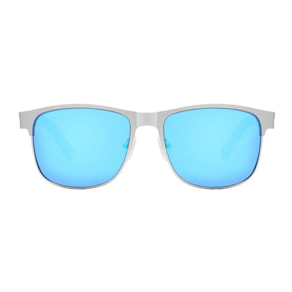 san diego sunglasses grey frames and blue mirror lenses front view on white background