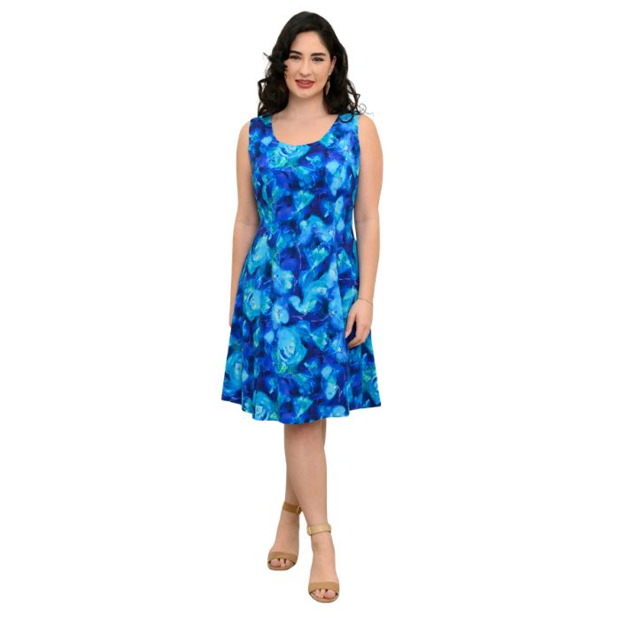 female model wearing ocean reef print sara dress front view on white background