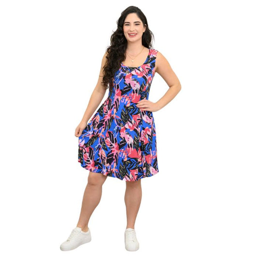 female model wearing pink bonita print sara dress front view on white background
