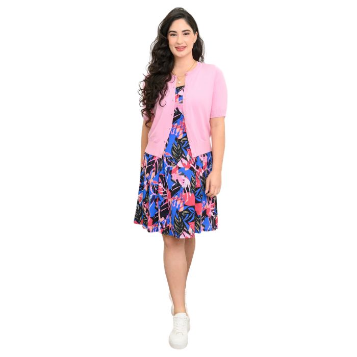 female model wearing pink bonita print sara dress and pink shen cardigan front view on white background