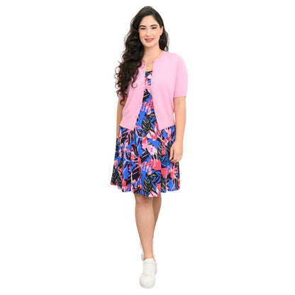 female model wearing pink bonita print sara dress and pink shen cardigan front view on white background