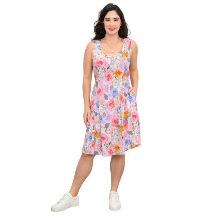 female model wearing pink bouquet print sara dress front view on white background