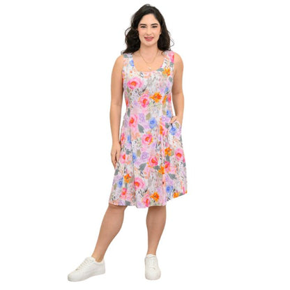 female model wearing pink bouquet print sara dress front view on white background