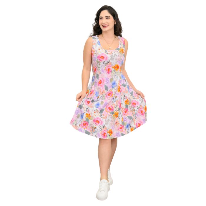 female model wearing pink bouquet print sara dress front view on white background
