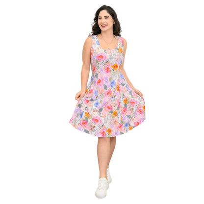female model wearing pink bouquet print sara dress front view on white background
