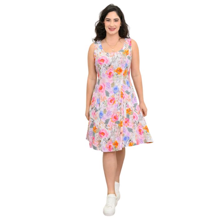 female model wearing pink bouquet print sara dress front view on white background