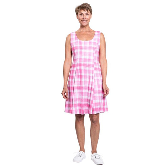 female model wearing pink plaid print sara dress front view on white background