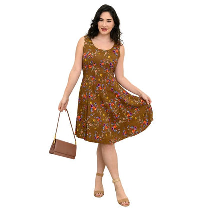 female model wearing sanf pansy print sara dress front view on white background