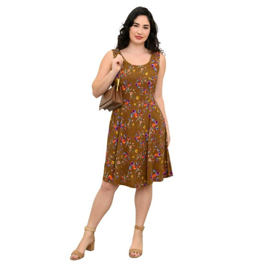 female model wearing sanf pansy print sara dress front view on white background