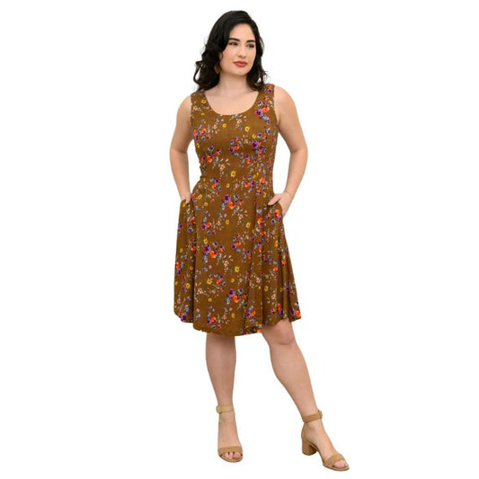 female model wearing sanf pansy print sara dress front view on white background