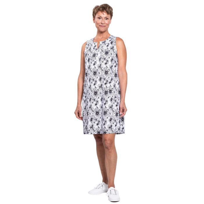 female model wearing bw sketch scarlette dress front view on white background