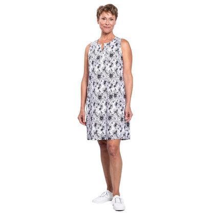 female model wearing bw sketch scarlette dress front view on white background