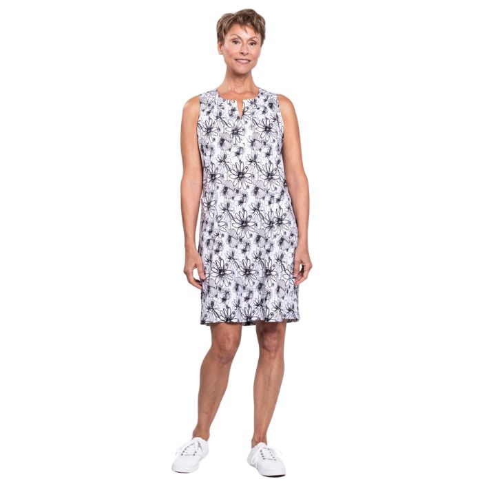 female model wearing bw sketch scarlette dress front view on white background