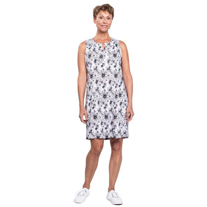 female model wearing bw sketch scarlette dress front view on white background