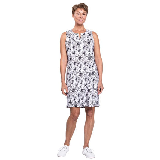 female model wearing bw sketch scarlette dress front view on white background