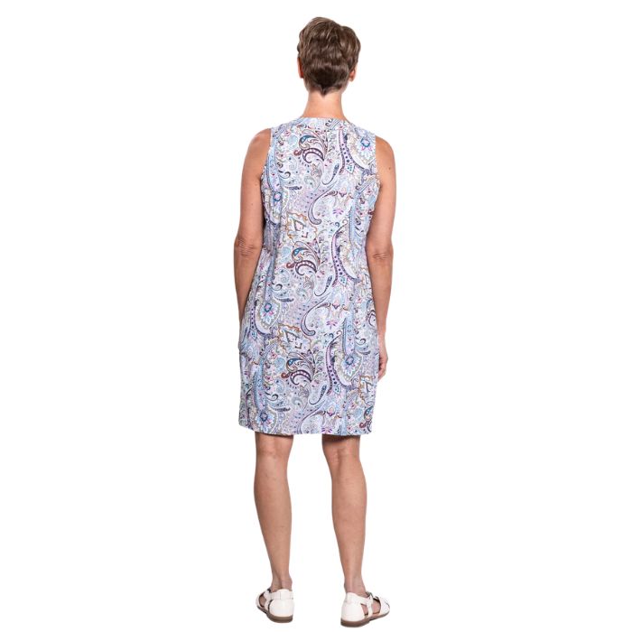 female model wearing denim parade scarlette dress back view on white background