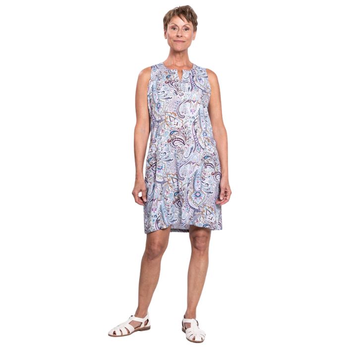 female model wearing denim parade scarlette dress front view on white background