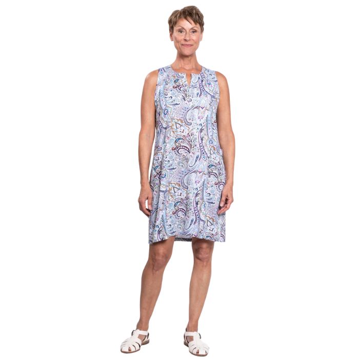 female model wearing denim parade scarlette dress front view on white background