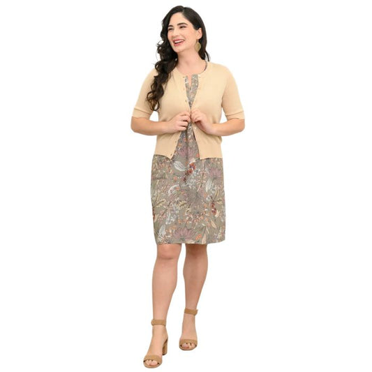 female model wearing khaki primavera scarlette dress and beige brown shen cardigan front view on white background