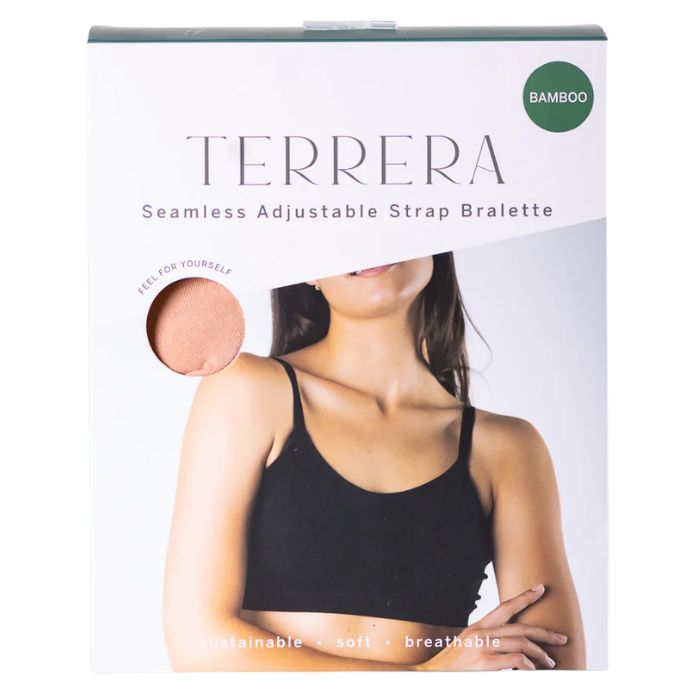 beige brown terrera seamless adjustable bralette package front view on white background