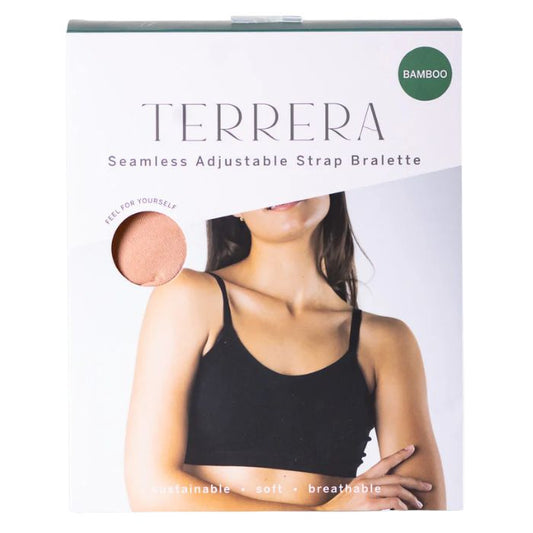 beige brown terrera seamless adjustable bralette package front view on white background