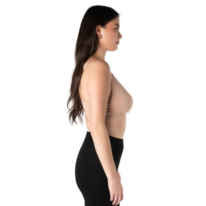 female model wearing beige brown terrera seamless adjustable bralette side view on white background