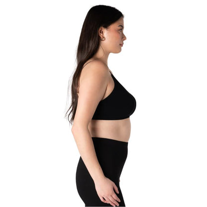 female model wearing black terrera seamless adjustable bralette side view on white background