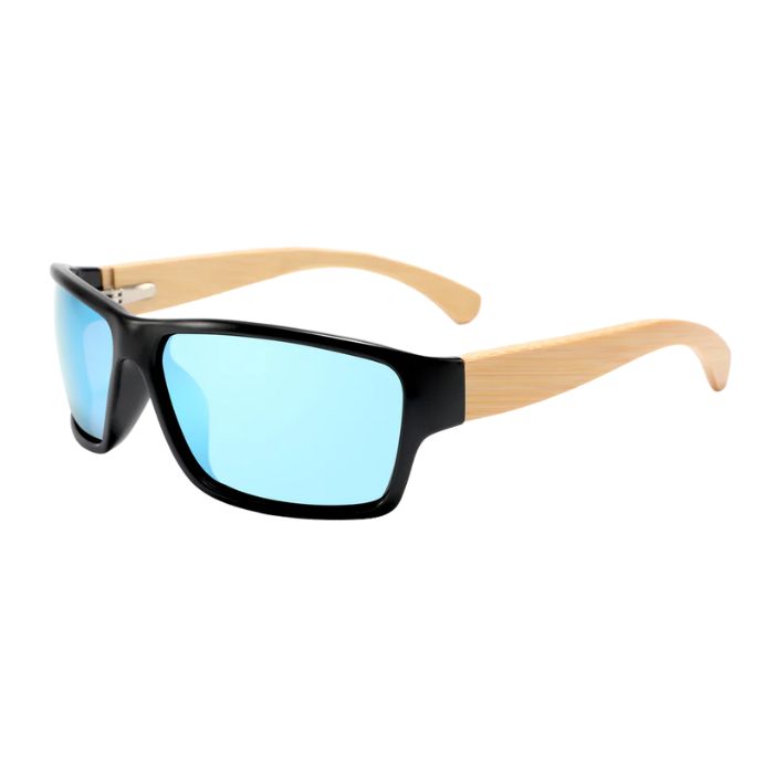senegal sunglasses black frames and blue mirror lenses over view on white background
