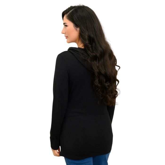 a woman wearing black seymour jacket waist up back view set on a studio white background