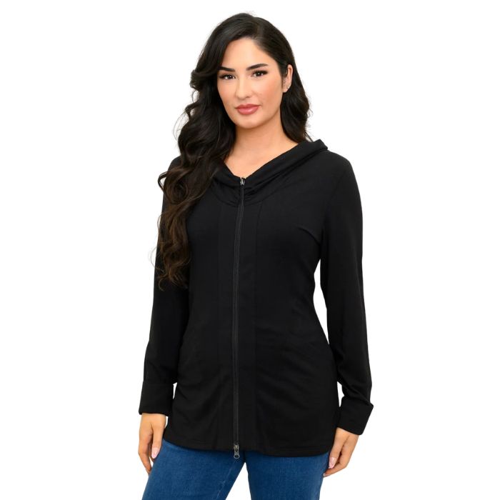 a woman wearing black seymour jacket waist up front view set on a studio white background