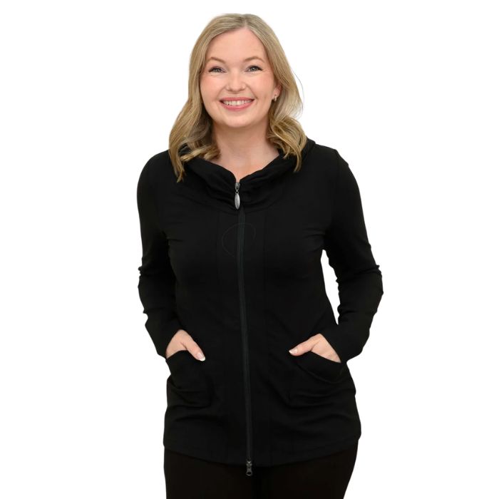 a woman wearing black seymour jacket waist up front view set on a studio white background
