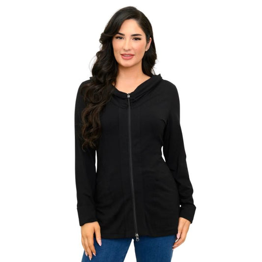 a woman wearing black seymour jacket waist up front view set on a studio white background