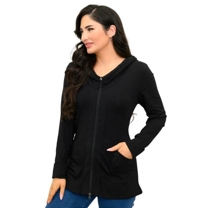 a woman wearing black seymour jacket waist up side view set on a studio white background