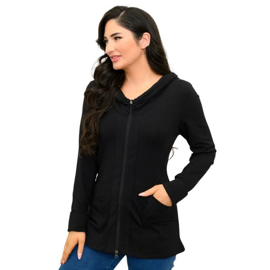 a woman wearing black seymour jacket waist up side view set on a studio white background