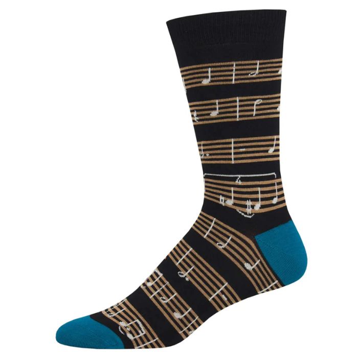 Sheet music sock black crew sock with sheet music print on white background