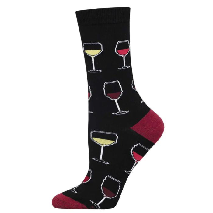 Sip sip hooray sock black crew sock with wine glass print on white background