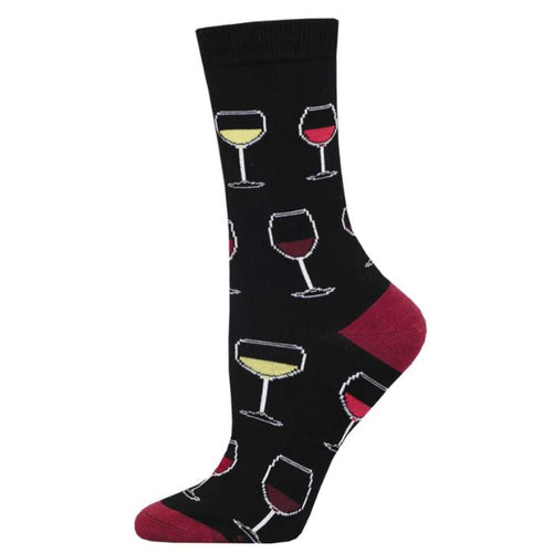 Sip sip hooray sock black crew sock with wine glass print on white background