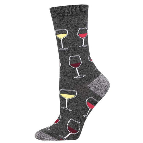 Sip sip hooray sock charcoal grey crew sock with wine glass print on white background