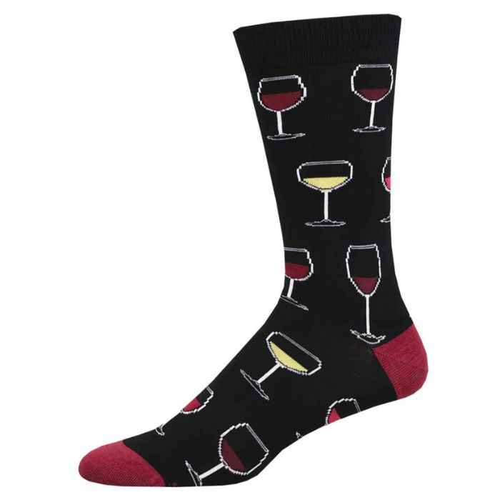 Sip sip hooray sock black crew sock with wine glass print on white background
