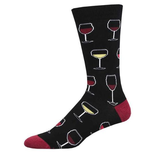 Sip sip hooray sock black crew sock with wine glass print on white background
